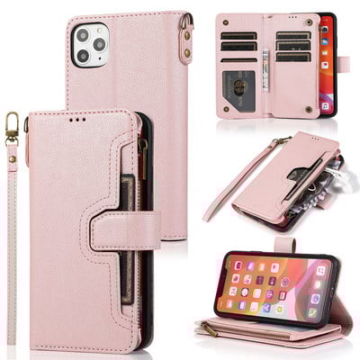 Για iphone 13 12 11 Pro max XS XR 6 7 8 Plus Μαγνητικό δερμάτινο κάλυμμα PU με αναδιπλούμενο κάλυμμα με υποδοχές για κάρτα με φερμουάρ Προστατευτική θήκη