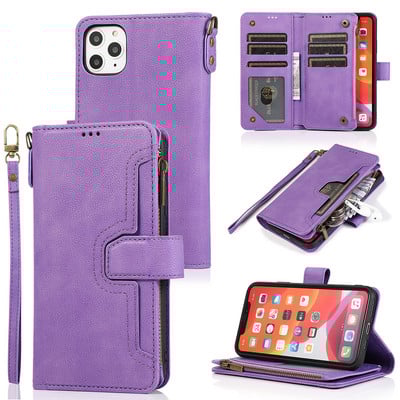 Για iphone 13 12 11 Pro max XS XR 6 7 8 Plus Μαγνητικό δερμάτινο κάλυμμα PU με αναδιπλούμενο κάλυμμα με υποδοχές για κάρτα με φερμουάρ Προστατευτική θήκη