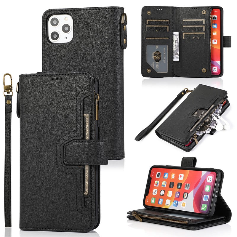 Για iphone 13 12 11 Pro max XS XR 6 7 8 Plus Μαγνητικό δερμάτινο κάλυμμα PU με αναδιπλούμενο κάλυμμα με υποδοχές για κάρτα με φερμουάρ Προστατευτική θήκη