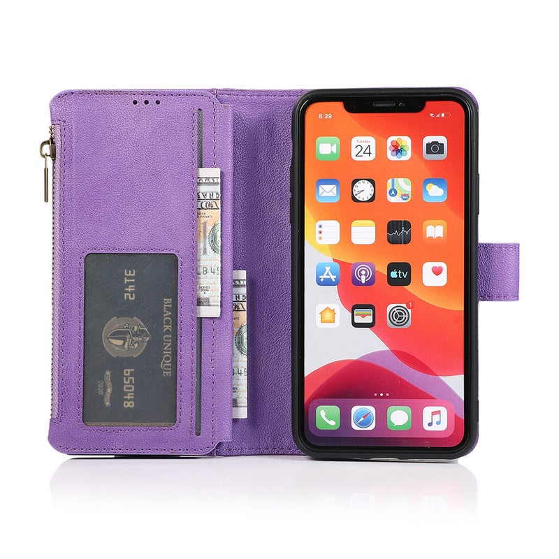 Για iphone 13 12 11 Pro max XS XR 6 7 8 Plus Μαγνητικό δερμάτινο κάλυμμα PU με αναδιπλούμενο κάλυμμα με υποδοχές για κάρτα με φερμουάρ Προστατευτική θήκη