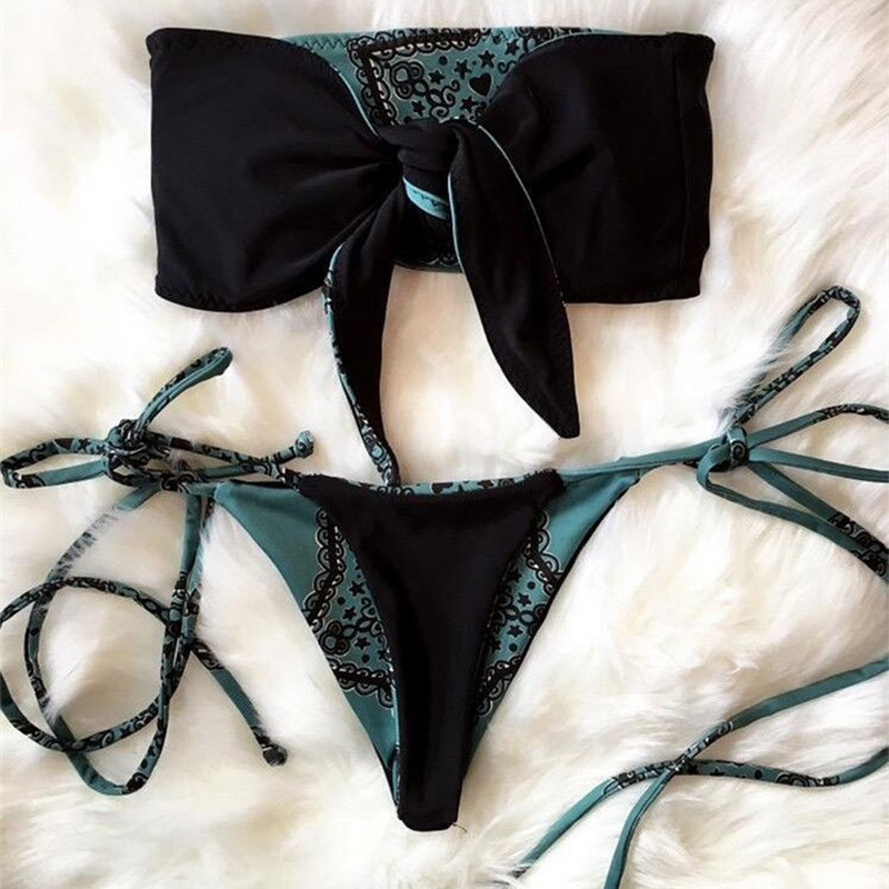 Seksi bikini s tangama s printom 2022. Ženski kupaći kostim sa žicama u obliku bandeaua Ženski kupaći kostim Dvodijelni bikini set s čvorovima Push Up kupaći kostim