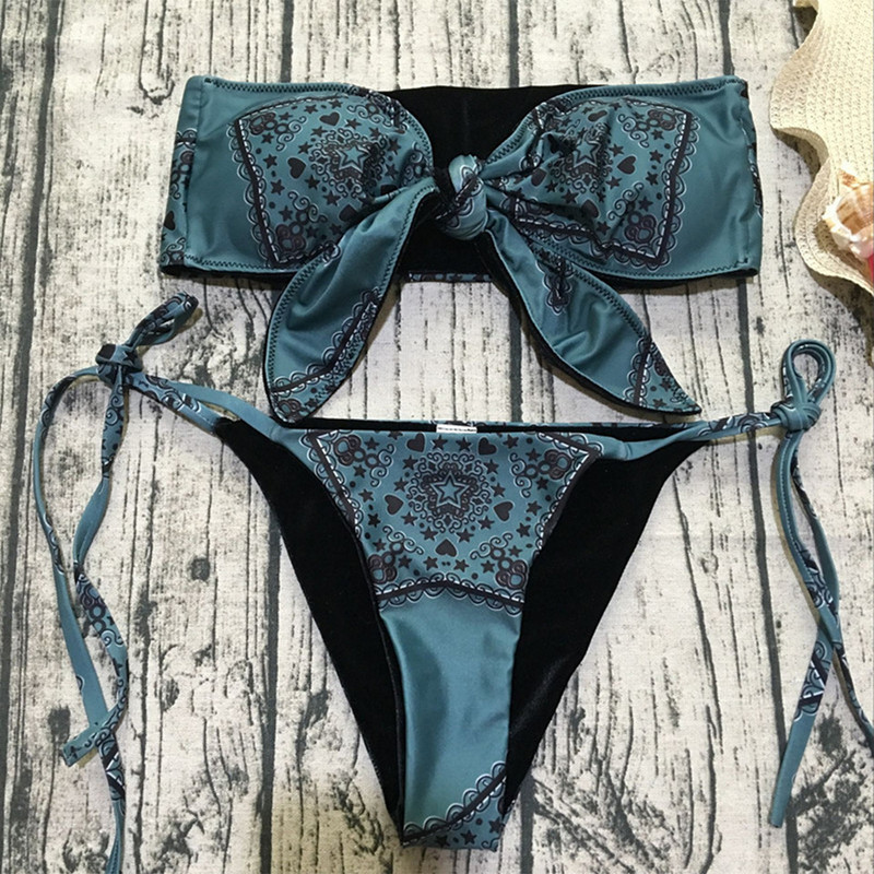 Seksi bikini s tangama s printom 2022. Ženski kupaći kostim sa žicama u obliku bandeaua Ženski kupaći kostim Dvodijelni bikini set s čvorovima Push Up kupaći kostim