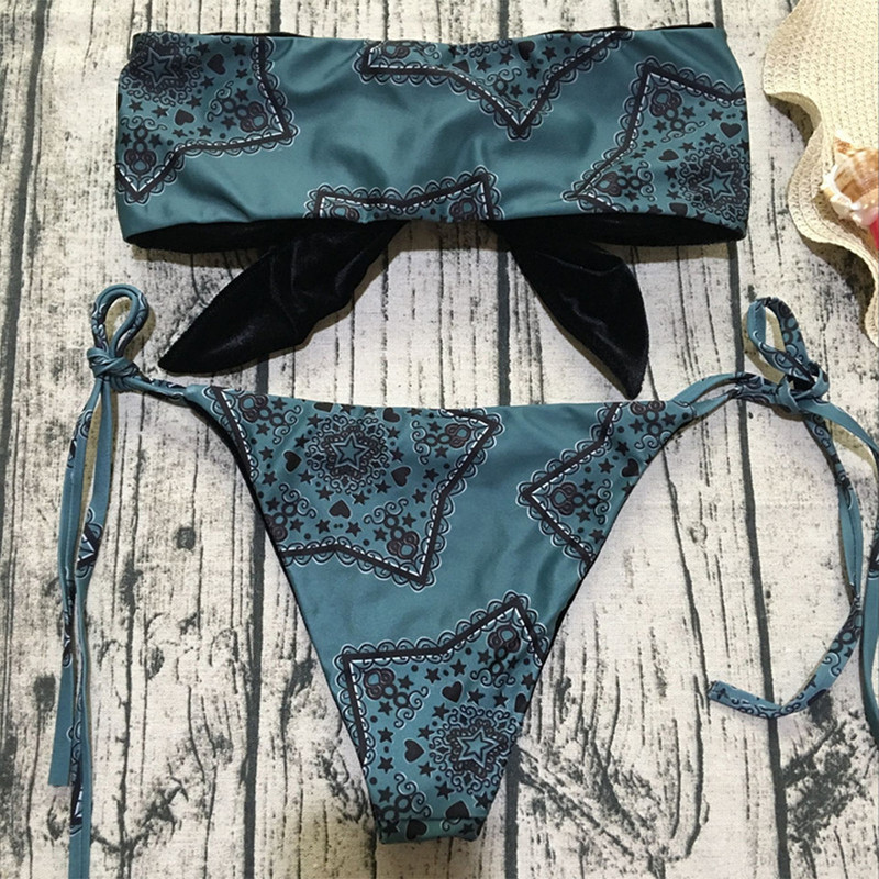 Seksi bikini s tangama s printom 2022. Ženski kupaći kostim sa žicama u obliku bandeaua Ženski kupaći kostim Dvodijelni bikini set s čvorovima Push Up kupaći kostim