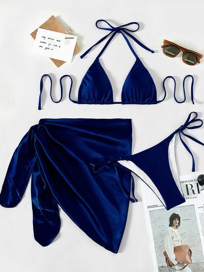 Seksi 3 komada halter sa sarong bikinijem Ženski kupaći kostim Ženski kupaći kostim Trodijelni bikini set Micro Bather Kupaći kostim Swim Lady