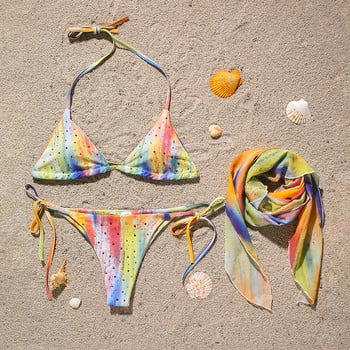 Shiny Halter Tie Dye Diamond Bikini 2020 Γυναικεία μαγιό Γυναικείο μαγιό 3 τεμαχίων Σετ μπικίνι Διχτυωτό Κοντή φούστα Μαγιό Μαγιό