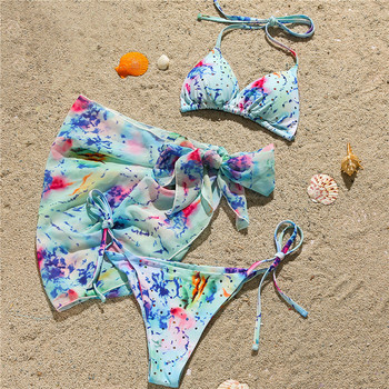 Shiny Halter Tie Dye Diamond Bikini 2020 Γυναικεία μαγιό Γυναικείο μαγιό 3 τεμαχίων Σετ μπικίνι Διχτυωτό Κοντή φούστα Μαγιό Μαγιό