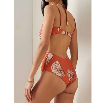 Fashion Print String Cross Strap Μαγιό Sling Hollow Back Slim Bikini 2022 New One Piece Swimwear Beach Seamless Splicing