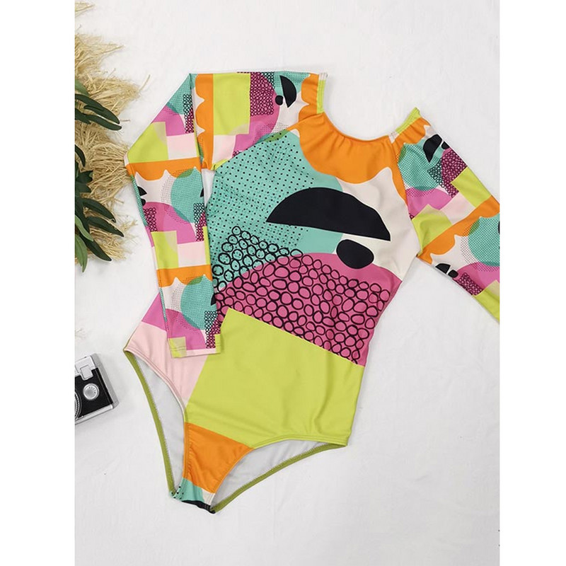 Ženski ljetni kupaći kostim s apstraktnim printom dugih rukava i golih leđa, luksuzni kupaći kostim Patchwork Monokini, seksi