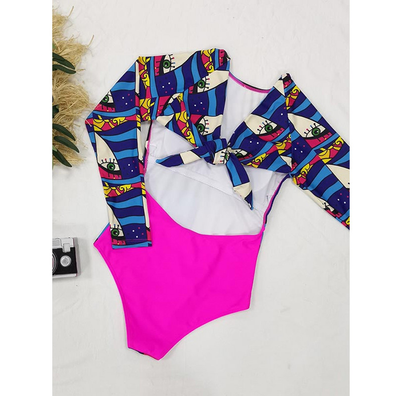 Ženski ljetni kupaći kostim s apstraktnim printom dugih rukava i golih leđa, luksuzni kupaći kostim Patchwork Monokini, seksi