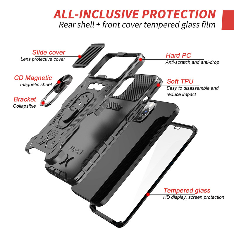 iPhone 13 12 11 Pro Max Armorhoz tervezett ütésálló, robusztus katonai minőségű védő csúszólencse védőtok üvegfóliával