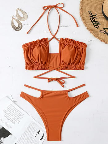 Halter Pleated Ruched Mid Waist Bikini Γυναικεία μαγιό Γυναικείο μαγιό Σετ μπικίνι δύο τεμαχίων Μαγιό μπάνιου με επένδυση Swim Lady