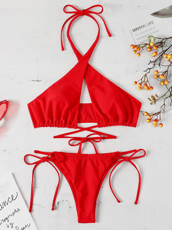 Seksi bikini s halterima s naramenicama Ženski kupaći kostim Ženski kupaći kostim Dvodijelni bikini komplet izdubljeni kupaći kostim za plivanje