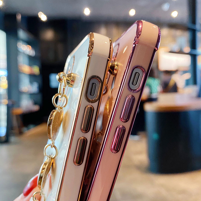 Луксозен калъф за телефон с галванопластика за iPhone 13 12 Pro Max Mini 11 Pro Max XS X XR 7 8 Plus Заден капак Златна рамка с гривна