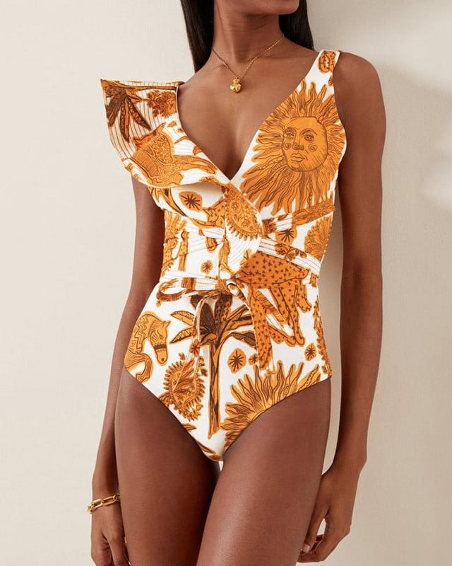 Sling kupaći kostim s V-izrezom, nabrani, uski, dvodijelni bikini visokog struka, otvorenih leđa, seksi elegantna blagdanska odjeća za plažu