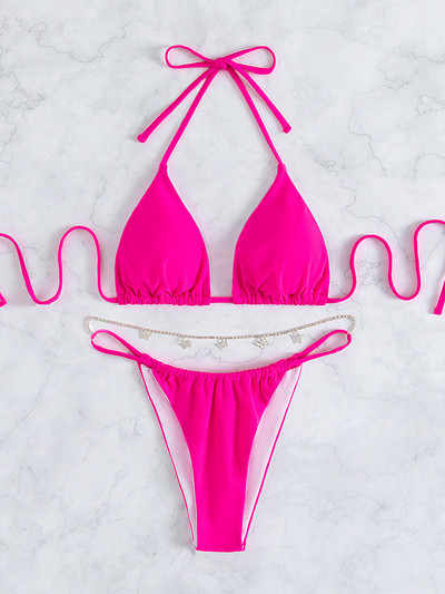 Ar Bling Chain Halter Bikini Sieviešu peldkostīms Sieviešu peldkostīmi Divdaļīgs bikini komplekts High Cut Bather peldkostīms peldēšanai dāma