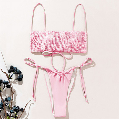 Seksi naborani visoki izrezani bikini ženski kupaći kostim s bandoom Ženski plisirani kupaći kostim Dvodijelni bikini komplet brazilski kupaći kostim za kupanje