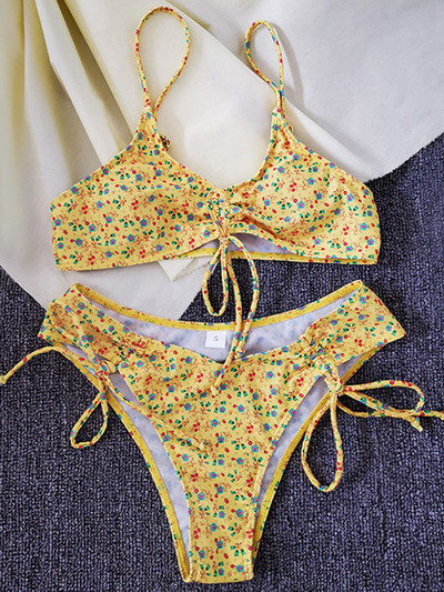 Sexy kvetinový vzor brazílskeho strapcového bikinového setu pre ženy, plavky, dvojdielne bikiny, vysoký strih, plavky