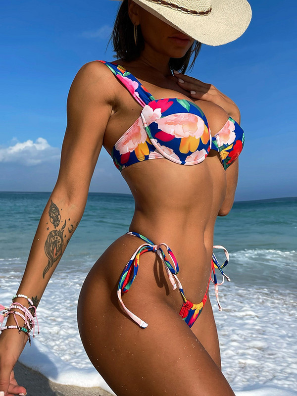 Gėlėmis margintas apatinis liemenėlės kaušelis Moteriškas maudymosi kostiumėlis Moteriškas maudymosi kostiumėlis Dviejų dalių bikinio rinkinys Push Up maudymosi kostiumėlis plaukimui