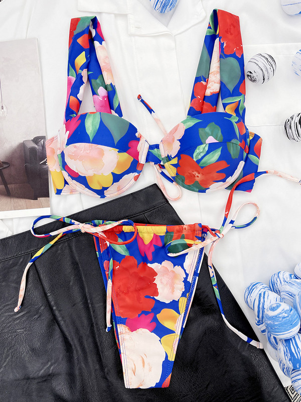 Gėlėmis margintas apatinis liemenėlės kaušelis Moteriškas maudymosi kostiumėlis Moteriškas maudymosi kostiumėlis Dviejų dalių bikinio rinkinys Push Up maudymosi kostiumėlis plaukimui