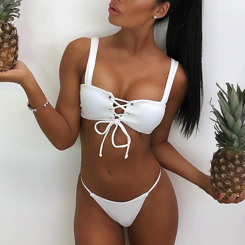 Mikro bikiniji 2020. Komplet rebrastih bikinija za žene seksi kupaći kostim mujer bandeau bikini Elegantni kupaći kostim na vezanje širokih naramenica Kupaći kostimi