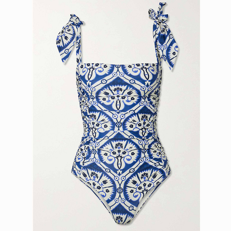 2022 Vintage Print One Piece Σετ μαγιό με τετράγωνο λαιμό Sling μαγιό Μπλε φόρεμα παραλίας χωρίς ραφές Monokini χωρίς ραφή σε λεπτή εφαρμογή