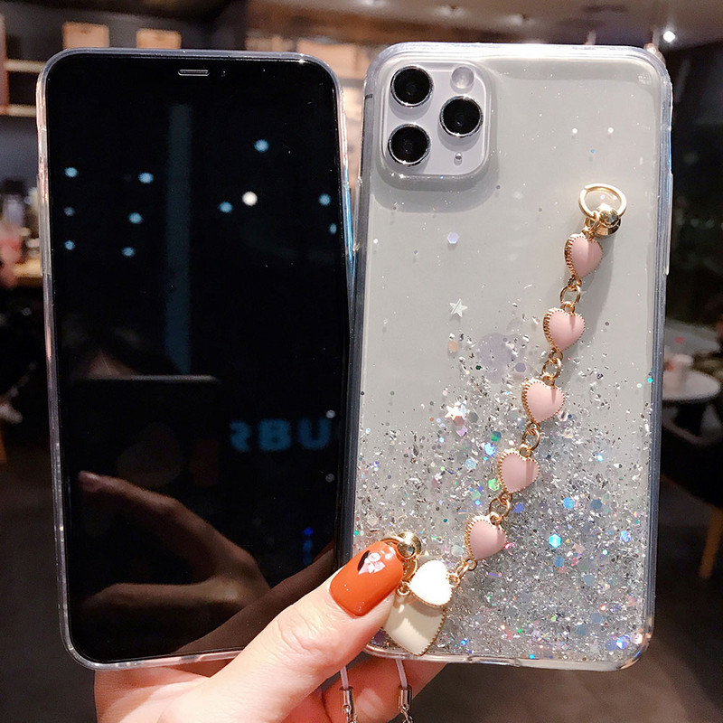 Θήκη τηλεφώνου Glitter με βραχιόλι για iphone 11 Pro XS Max X XR 7 6 8 Plus SE Ultra Slim Soft Cover για iphone XR Lanyard Case