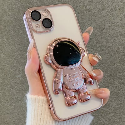 Plating Astronaut összecsukható állvány átlátszó telefontok iPhone 14 13 12 11 Pro Max 8 7 Plus X XR XS objektív védőfólia sof lökhárítóhoz