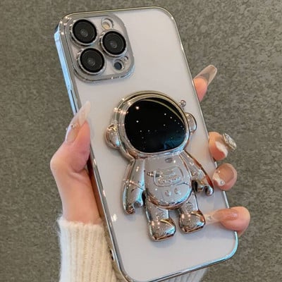 Plating Astronaut összecsukható állvány átlátszó telefontok iPhone 14 13 12 11 Pro Max 8 7 Plus X XR XS objektív védőfólia sof lökhárítóhoz