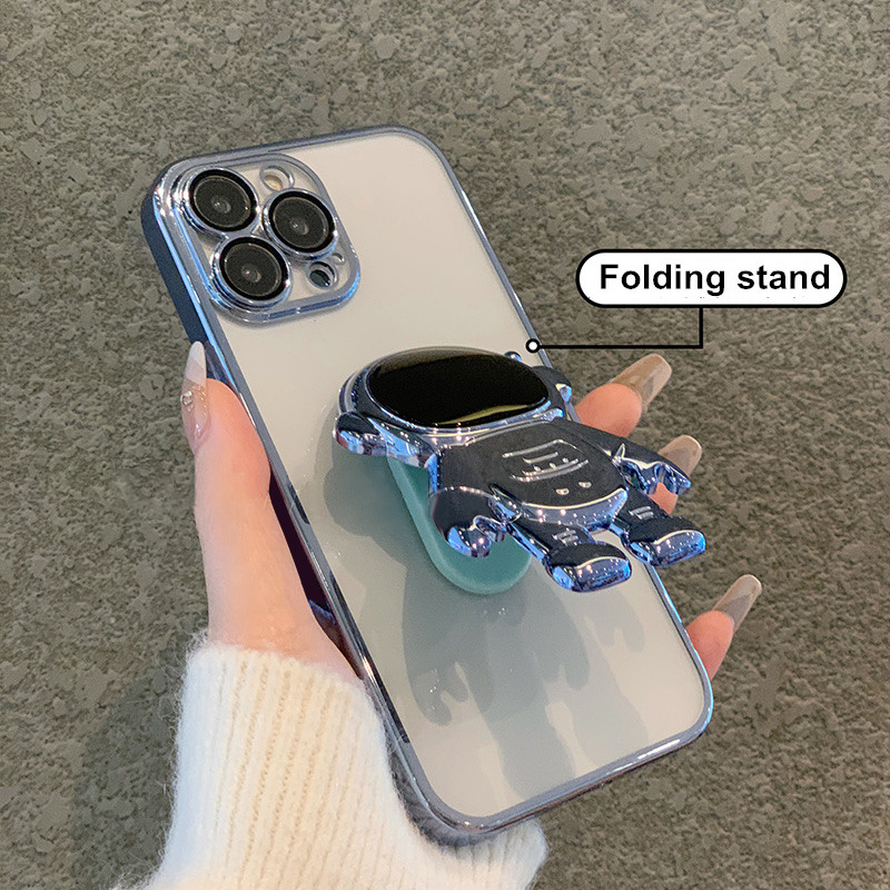 Plating Astronaut összecsukható állvány átlátszó telefontok iPhone 14 13 12 11 Pro Max 8 7 Plus X XR XS objektív védőfólia sof lökhárítóhoz