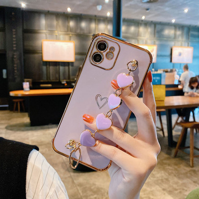 Για iPhone 12 Pro Max Mini Επιμετάλλωση Πλαίσιο Love Heart Chain Βραχιόλι Καρπού Θήκη τηλεφώνου Για iPhone 11 Pro XS Max X XR 8 7 Plus Κάλυμμα