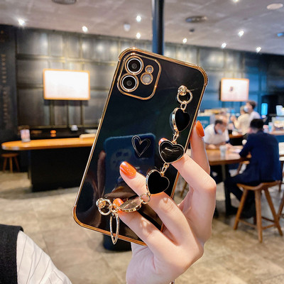 Για iPhone 12 Pro Max Mini Επιμετάλλωση Πλαίσιο Love Heart Chain Βραχιόλι Καρπού Θήκη τηλεφώνου Για iPhone 11 Pro XS Max X XR 8 7 Plus Κάλυμμα