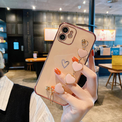 Για iPhone 12 Pro Max Mini Επιμετάλλωση Πλαίσιο Love Heart Chain Βραχιόλι Καρπού Θήκη τηλεφώνου Για iPhone 11 Pro XS Max X XR 8 7 Plus Κάλυμμα