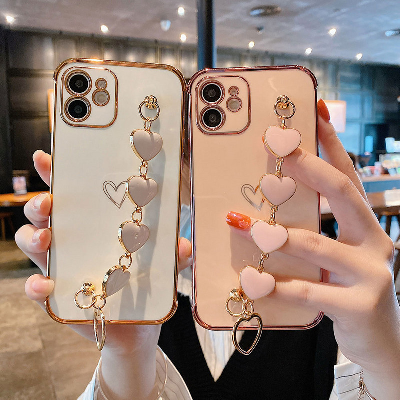 Για iPhone 12 Pro Max Mini Επιμετάλλωση Πλαίσιο Love Heart Chain Βραχιόλι Καρπού Θήκη τηλεφώνου Για iPhone 11 Pro XS Max X XR 8 7 Plus Κάλυμμα