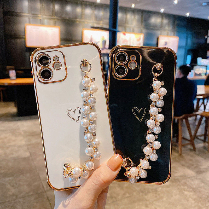 Για iPhone 12 Pro Max Mini Επιμετάλλωση Πλαίσιο Love Heart Chain Βραχιόλι Καρπού Θήκη τηλεφώνου Για iPhone 11 Pro XS Max X XR 8 7 Plus Κάλυμμα