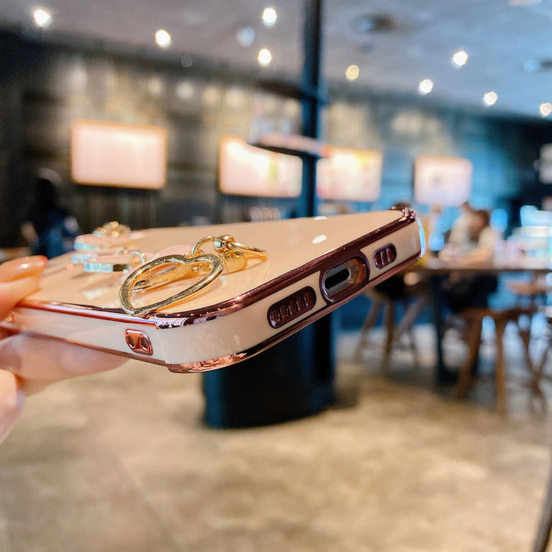 Για iPhone 12 Pro Max Mini Επιμετάλλωση Πλαίσιο Love Heart Chain Βραχιόλι Καρπού Θήκη τηλεφώνου Για iPhone 11 Pro XS Max X XR 8 7 Plus Κάλυμμα