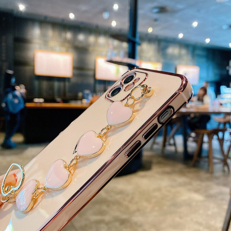 Για iPhone 12 Pro Max Mini Επιμετάλλωση Πλαίσιο Love Heart Chain Βραχιόλι Καρπού Θήκη τηλεφώνου Για iPhone 11 Pro XS Max X XR 8 7 Plus Κάλυμμα