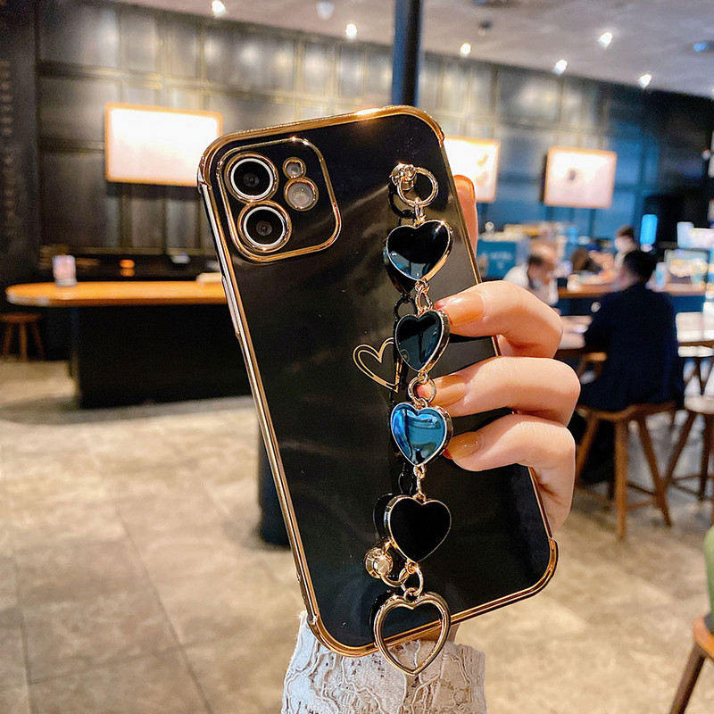 Για iPhone 12 Pro Max Mini Επιμετάλλωση Πλαίσιο Love Heart Chain Βραχιόλι Καρπού Θήκη τηλεφώνου Για iPhone 11 Pro XS Max X XR 8 7 Plus Κάλυμμα