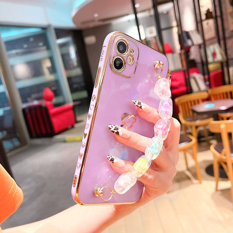 Κρυστάλλινο βραχιόλι καρδιά Κάλυμμα θήκης για iPhone 12 Mini 11 Pro Max XS Πολυτελείς επίχρυσες θήκες για iPhone 8 7 Plus XR X SE