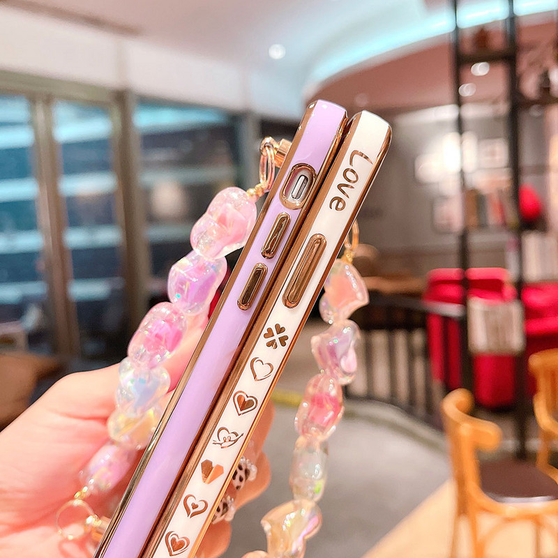 Κρυστάλλινο βραχιόλι καρδιά Κάλυμμα θήκης για iPhone 12 Mini 11 Pro Max XS Πολυτελείς επίχρυσες θήκες για iPhone 8 7 Plus XR X SE