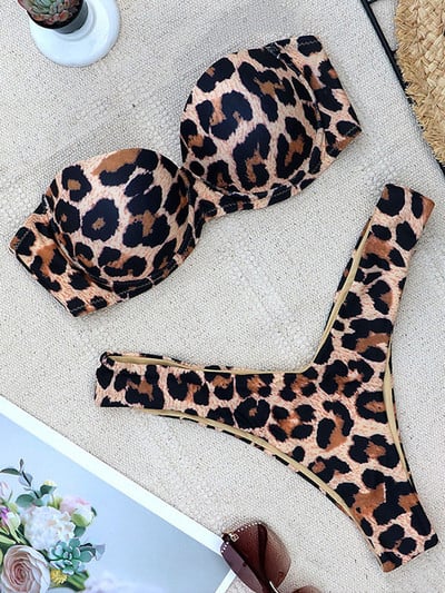 Sutien cu leopard Cupă Bikini Costum de baie Push Up Costum de baie pentru femei Set de bikini din două piese Triunghi Bather Bandeau Costum de baie