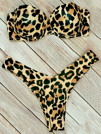 Sutien cu leopard Cupă Bikini Costum de baie Push Up Costum de baie pentru femei Set de bikini din două piese Triunghi Bather Bandeau Costum de baie