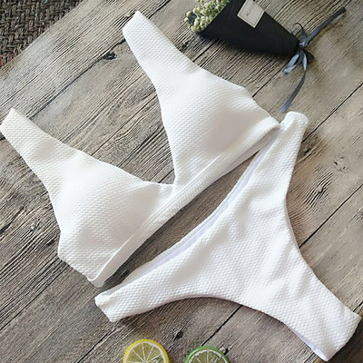 2021 Sexy White Ribbed Brazilian μπικίνι Γυναικεία μαγιό Γυναικείο μαγιό Σετ μπικίνι δύο τεμαχίων Push up Μαγιό μπάνιου