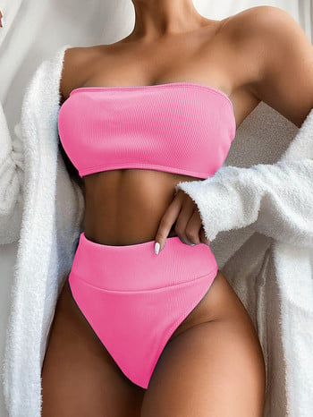 2020 Sexy Ribbed Bandeau ψηλόμεση μπικίνι γυναικείο μαγιό Γυναικεία μαγιό Σετ μπικίνι δύο τεμαχίων Στράπλες μαγιό