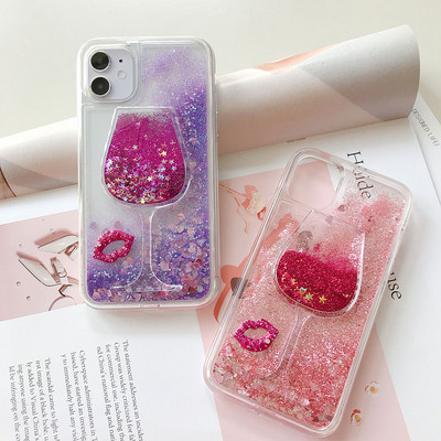 Wine Glass Секси устни Glitter Phone Case за iPhone XS 11 Pro Max X XR SE 6S 6 7 8 Plus SE2 Liquid Quicksand Bling Sequins Case