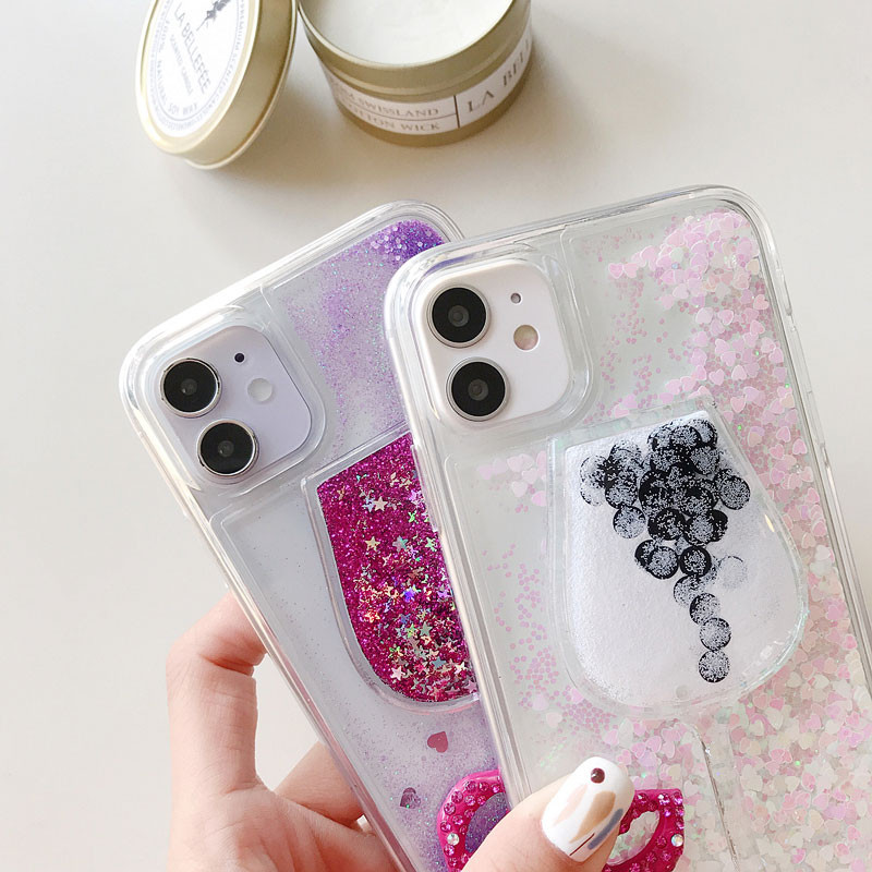 Wine Glass Sexy Lips Blizgantis telefono dėklas skirtas iPhone XS 11 Pro Max X XR SE 6S 6 7 8 Plus SE2 Skystas Quicksand Bling Sequins Dėklas