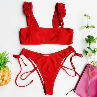 Novi 2020. Seksi crveni bikini s volanima Ženski kupaći kostim Ženski kupaći kostim Dvodijelni komplet bikinija srednjeg struka Kupaći kostim za kupanje