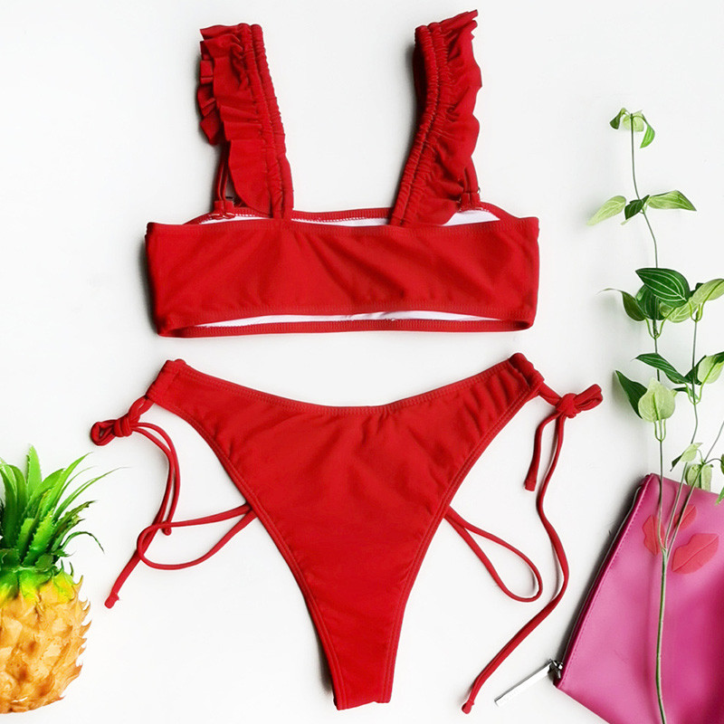 Novi 2020. Seksi crveni bikini s volanima Ženski kupaći kostim Ženski kupaći kostim Dvodijelni komplet bikinija srednjeg struka Kupaći kostim za kupanje