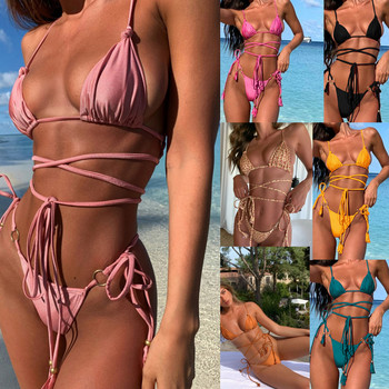 Sexy Satin Knot Design Bikini Luxury Strappy Swimwear Γυναικεία Biquini Folds Bikini Σετ Μαγιό 2τμχ Μαγιό Champagne Bikini