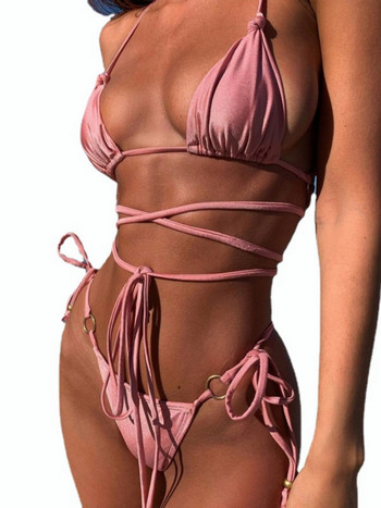 Sexy Satin Knot Design Bikini Luxury Strappy Swimwear Γυναικεία Biquini Folds Bikini Σετ Μαγιό 2τμχ Μαγιό Champagne Bikini