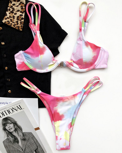 2021. Sexy Tie Dye Thong Bikini Ženski kupaći kostim Ženski kupaći kostim Dvodijelni bikini set V-Bar Žičani Push Up Kupaći kostim Kupaći kostim